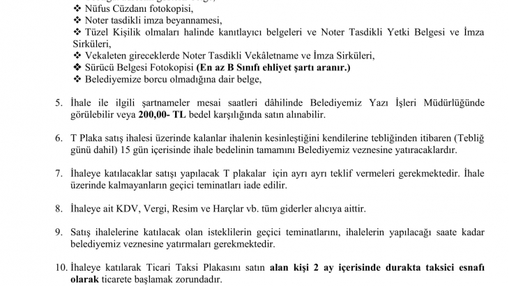 DUYURU (PLAKA SATIŞ İHALE İLANI)