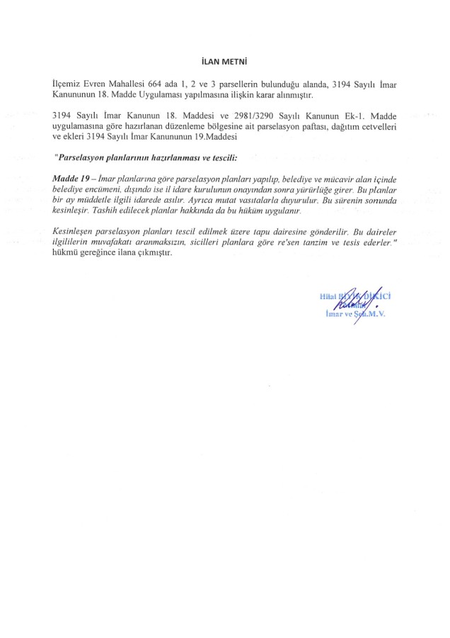 Parselasyon Planı İlanı