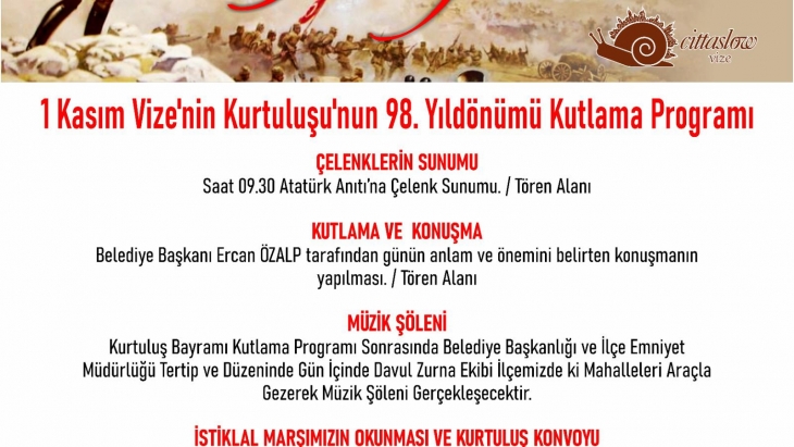 1 KASIM İLÇEMİZİN DÜŞMAN İŞGALİ'NDEN KURTULUŞU'NUN 98. YILI KUTLAMA PROGRAMI