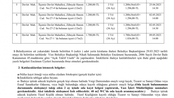 BELEDİYEMİZE AİT  8 ( SEKİZ  ) ADET YERİN KİRALAMA İHALESİ