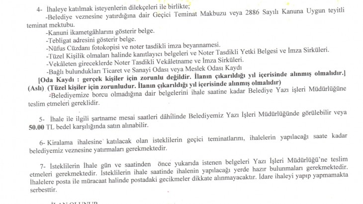 VİZE BELEDİYE BAŞKANLIĞI DÜKKAN KİRALAMA İHALESİ İLANI