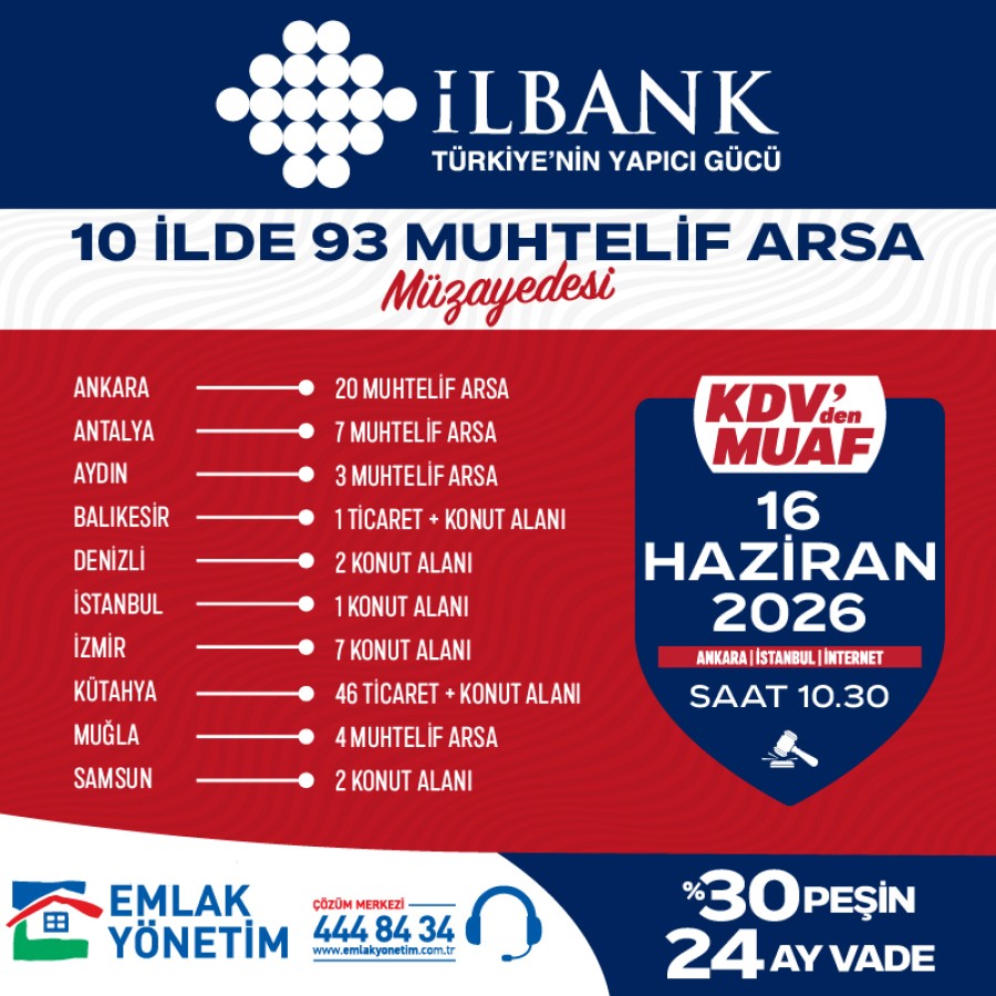 İLBANK 10 İLDE 93 MUHTELİF ARSA MÜZAYEDE